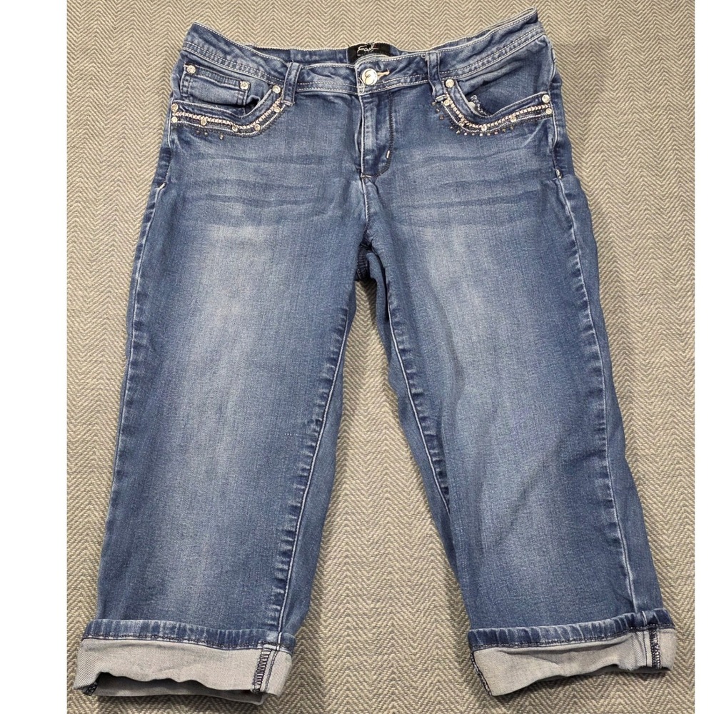Earl Jean Womens 12P Blue Embellished Capri Jeans Rhinestone Lace Medium Wash
